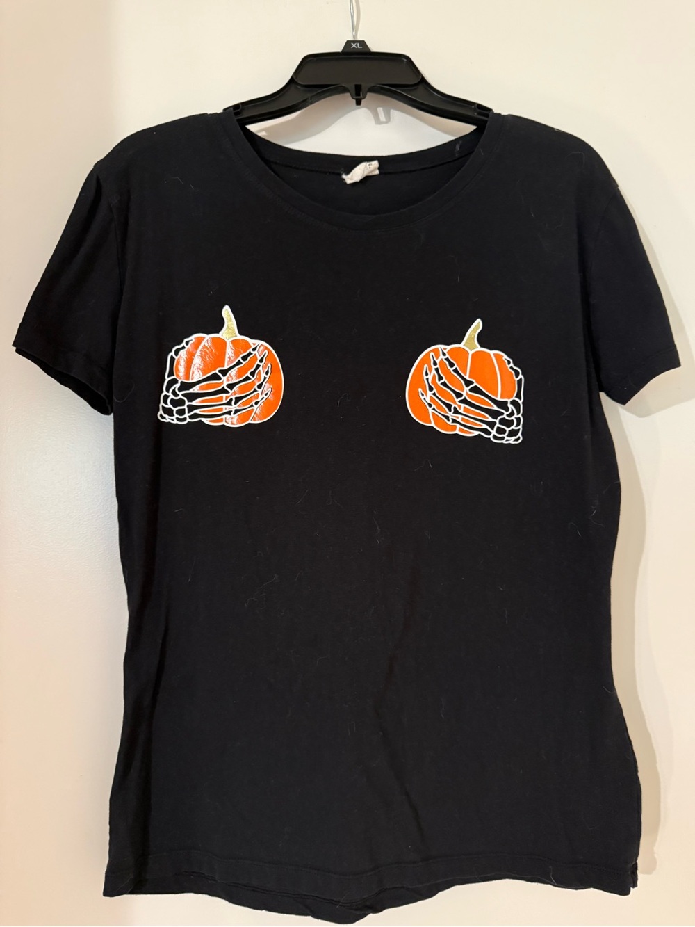 Black Halloween Pumpkin Boobs Graphic Tee - Women Medium